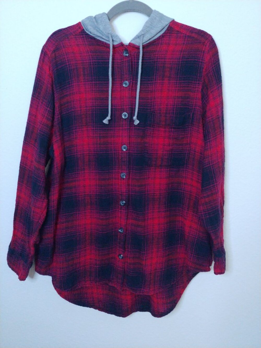 SO Red and Black Plaid Shacket with Gray Hood